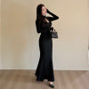 Lace patchwork open chest long sleeved fishtail dress for women