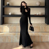 Lace patchwork open chest long sleeved fishtail dress for women