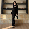 Lace patchwork open chest long sleeved fishtail dress for women