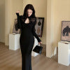 Lace patchwork open chest long sleeved fishtail dress for women